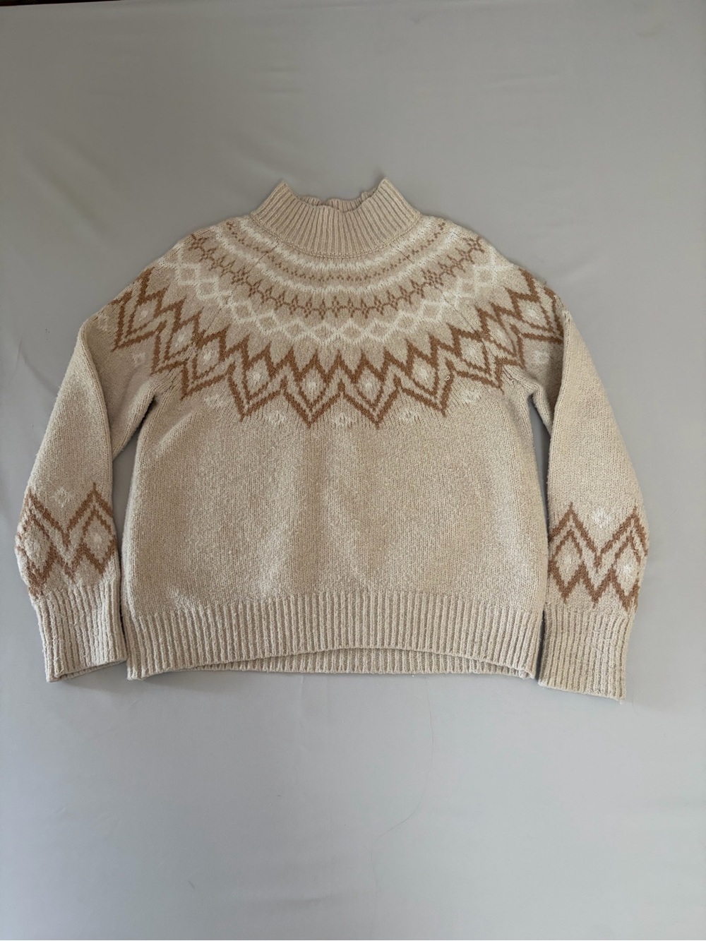 Cozy Fair Isle Mock Neck Sweater in Cream and Tan